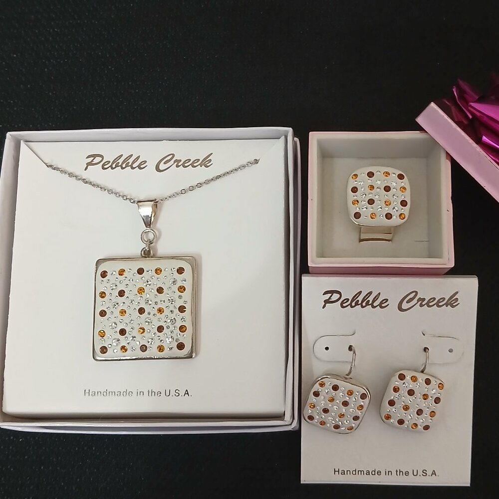 Handcrafted Swarovski Topaz Crystal & Clay Square Pendant Set - Picture 3 of 4